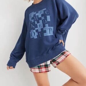 Aerie Blue “Checked Out” Crewneck Sweater Size Small